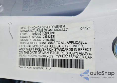 2021 Honda Accord Exl from USA, damaged, VIN 1HGCV1F56MA064679